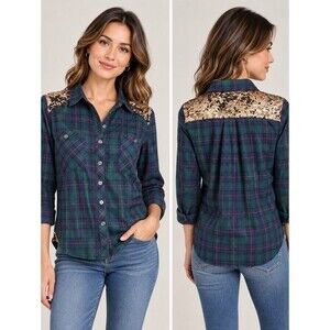 EUC flannel may & july women's plaid 100% cotton Sequins button down shirt M
